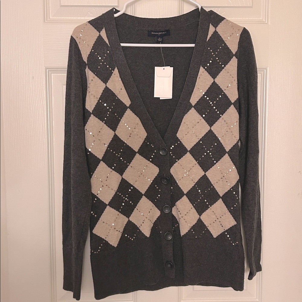 Banana Republic Charcoal and Cream Argyle Button-Front Cardigan